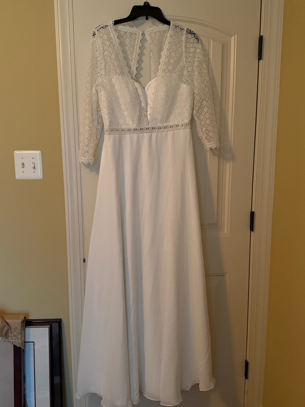 Ivory Lace V-Neck A-Line Wedding Dress with Three-Quarter Sleeves NEVER WORN